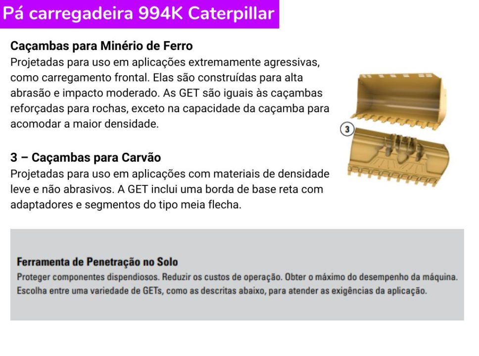 Especificações gerais da caçamba 994K